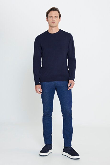 Anti-Pilling Non-Pilling Standard Fit Regular Fit Crew-Neck Sweater Navy Blue Sweater 4A4923100001LAC