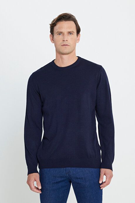 Anti-Pilling Non-Pilling Standard Fit Regular Fit Crew-Neck Sweater Navy Blue Sweater 4A4923100001LAC