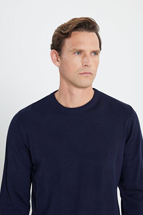 Anti-Pilling Non-Pilling Standard Fit Regular Fit Crew-Neck Sweater Navy Blue Sweater 4A4923100001LAC