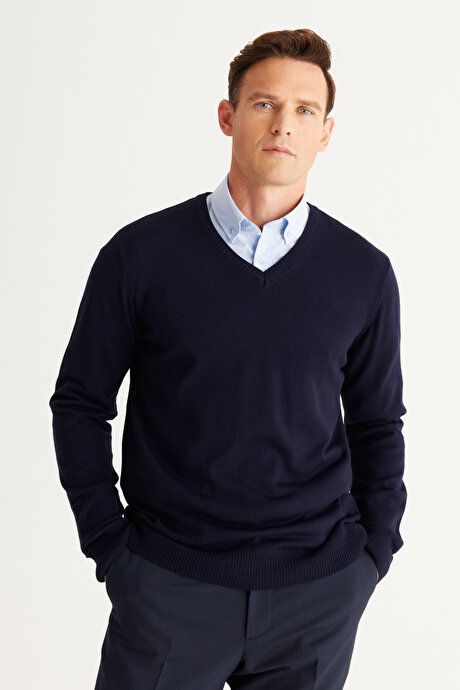 Anti-Pilling Non-Pilling Standard Fit Regular Fit V-Neck Sweater Navy Blue Sweater 4A4923100002LAC