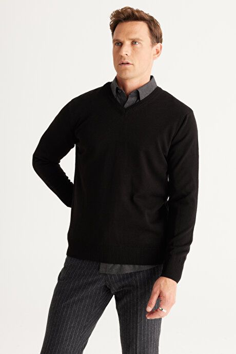 Anti-Pilling Non-Pilling Standard Fit Regular Fit V-Neck Sweater Black Sweater 4A4923100002SYH