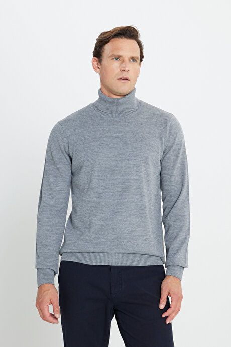 Standard Fit Full Turtleneck Gray Melange Sweater with Anti Pilling Feature 4A4923100004GMJ