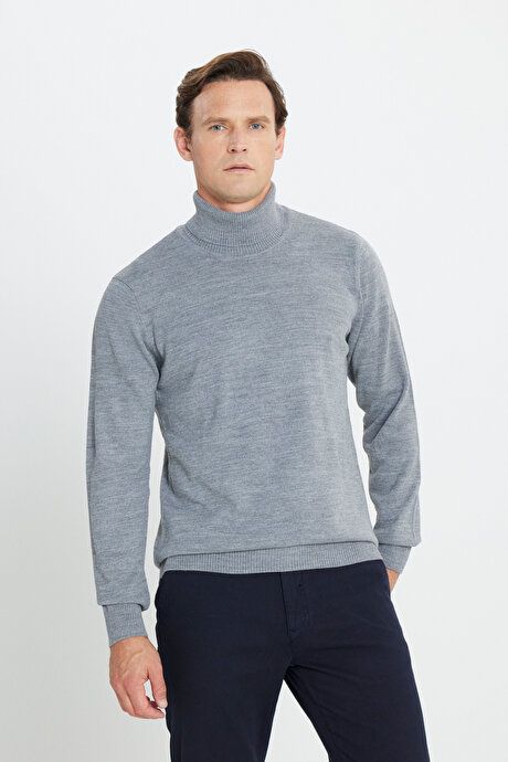 Standard Fit Full Turtleneck Gray Melange Sweater with Anti Pilling Feature 4A4923100004GMJ