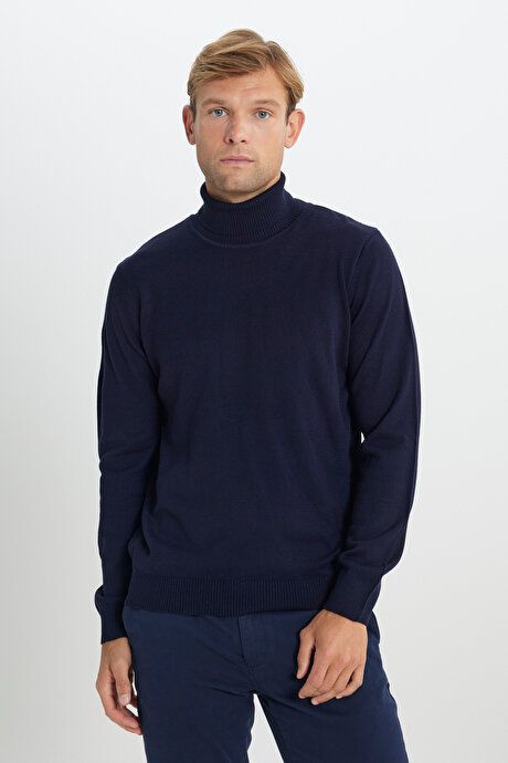 Standard Fit Full Turtleneck Navy Blue Sweater with Anti Pilling Feature 4A4923100004LAC