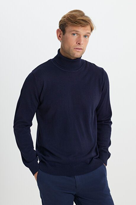 Standard Fit Full Turtleneck Navy Blue Sweater with Anti Pilling Feature 4A4923100004LAC