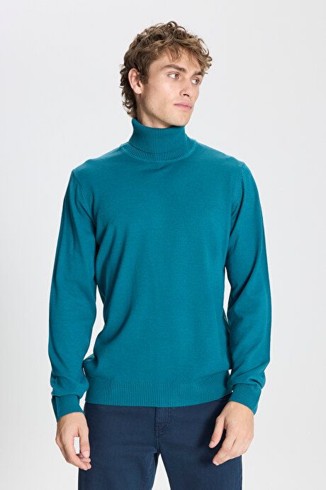 Standard Fit Full Turtleneck Petrol Pullover with Anti Pilling Feature 4A4923100004PET