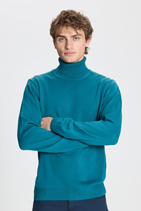 Standard Fit Full Turtleneck Petrol Pullover with Anti Pilling Feature 4A4923100004PET