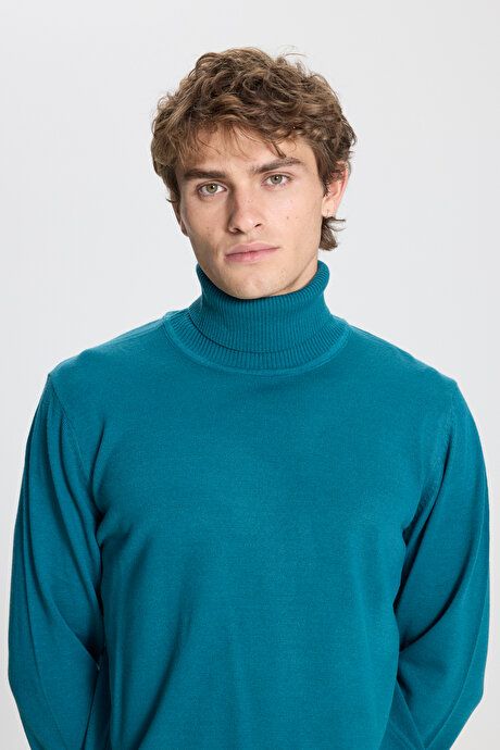 Standard Fit Full Turtleneck Petrol Pullover with Anti Pilling Feature 4A4923100004PET