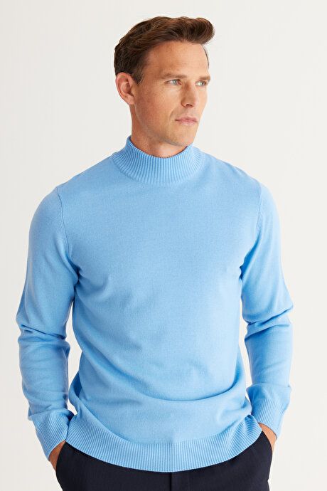 Non-Pilling Anti-Pilling Standard Fit Regular Fit Half Turtleneck Light Blue Pullover 4A4923100005amv