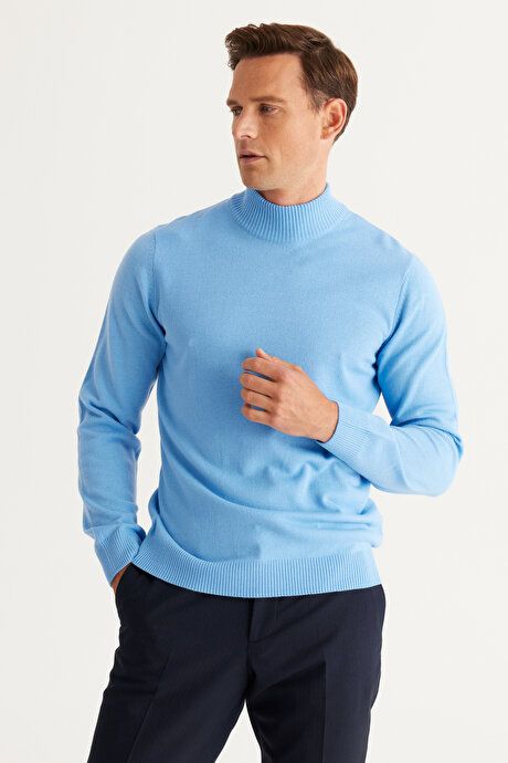 Non-Pilling Anti-Pilling Standard Fit Regular Fit Half Turtleneck Light Blue Pullover 4A4923100005amv