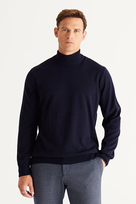 Non-Pilling Anti-Pilling Standard Fit Regular Fit Half Turtleneck Navy Blue Sweater 4A4923100005LAC