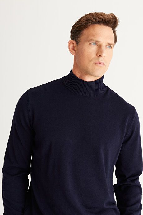 Non-Pilling Anti-Pilling Standard Fit Regular Fit Half Turtleneck Navy Blue Sweater 4A4923100005LAC