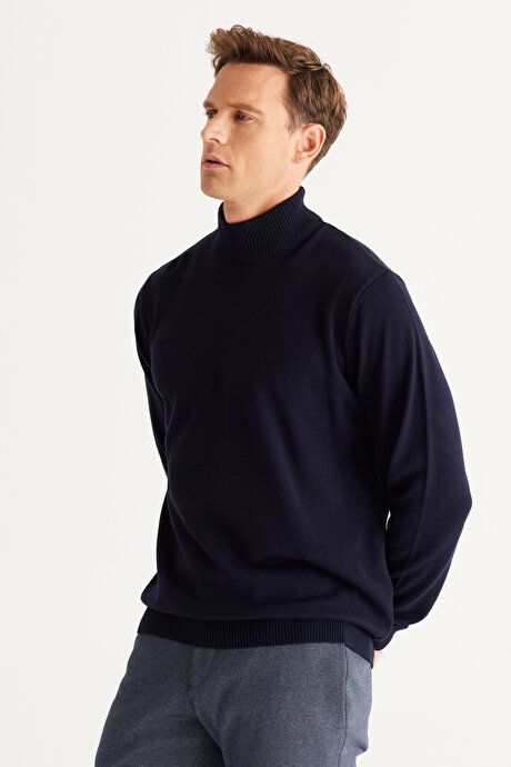 Non-Pilling Anti-Pilling Standard Fit Regular Fit Half Turtleneck Navy Blue Sweater 4A4923100005LAC