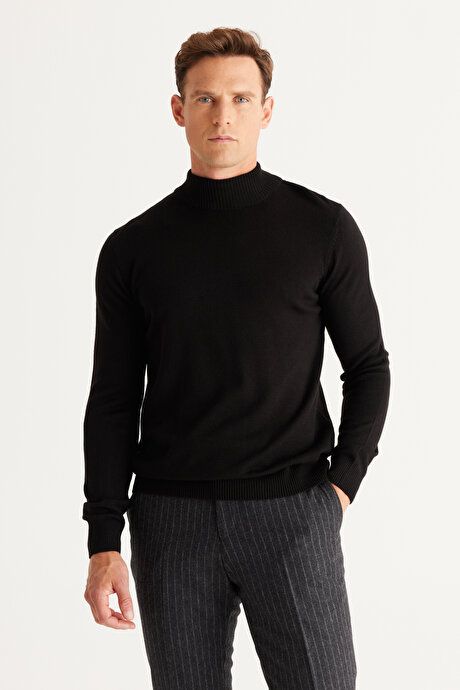 Non-Pilling Anti-Pilling Standard Fit Regular Fit Half Turtleneck Black Pullover 4A4923100005SYH