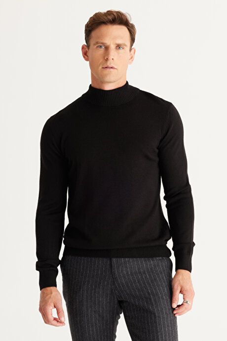 Non-Pilling Anti-Pilling Standard Fit Regular Fit Half Turtleneck Black Pullover 4A4923100005SYH