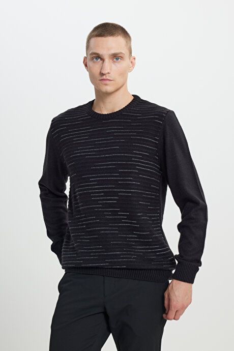 Standard Fit Regular Fit Crew-Neck Textured Patterned Black-Gray Melange Sweater 4A4923100043SGE