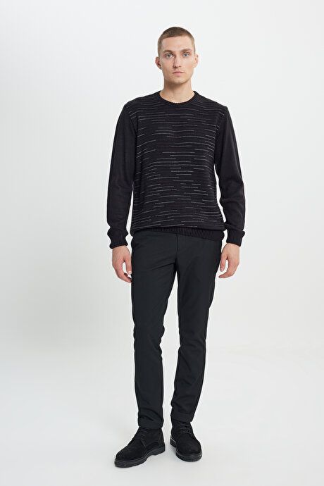 Standard Fit Regular Fit Crew-Neck Textured Patterned Black-Gray Melange Sweater 4A4923100043SGE