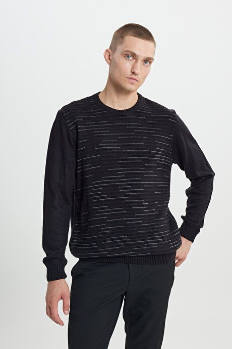 Standard Fit Regular Fit Crew-Neck Textured Patterned Black-Gray Melange Sweater 4A4923100043SGE