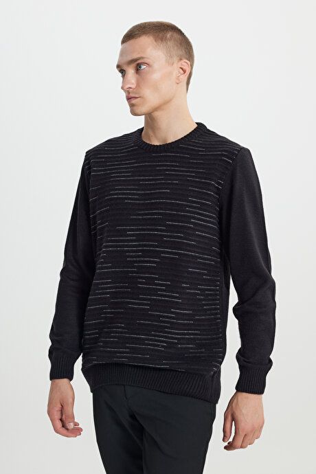 Standard Fit Regular Fit Crew-Neck Textured Patterned Black-Gray Melange Sweater 4A4923100043SGE