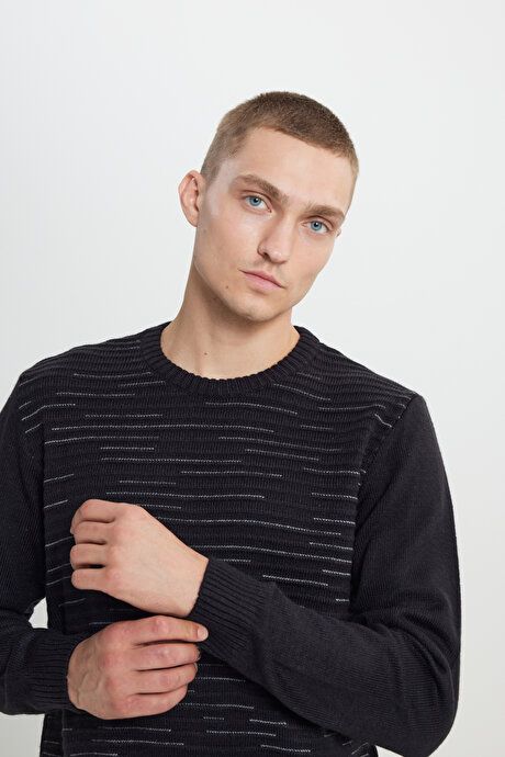 Standard Fit Regular Fit Crew-Neck Textured Patterned Black-Gray Melange Sweater 4A4923100043SGE