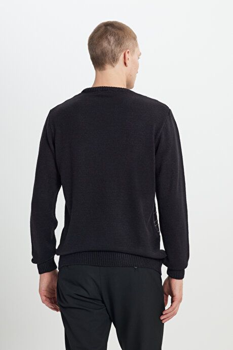 Standard Fit Regular Fit Crew-Neck Textured Patterned Black-Gray Melange Sweater 4A4923100043SGE