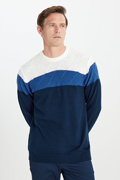 Standard Fit Regular Fit Crew-Neck Colorblock Patterned Ecru-Navy Sweater 4A4923100203ELC