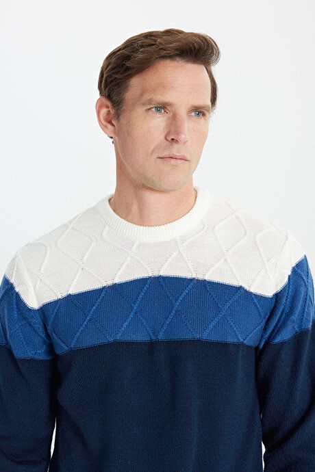 Standard Fit Regular Fit Crew-Neck Colorblock Patterned Ecru-Navy Sweater 4A4923100203ELC