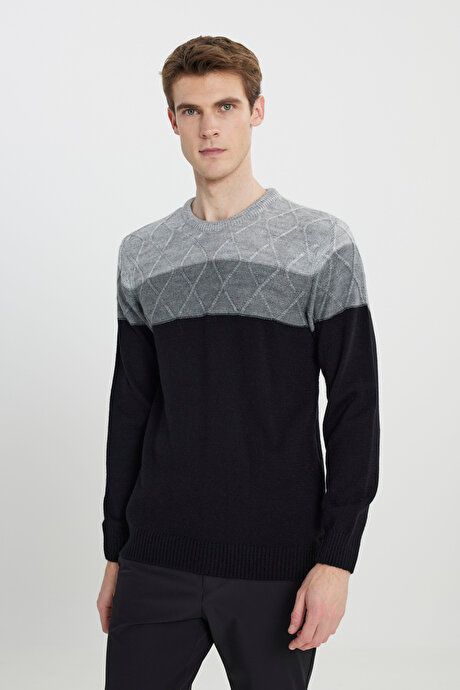 Standard Fit Regular Fit Crew-Neck Colorblock Patterned Grey-Black Sweater 4A4923100203GSY