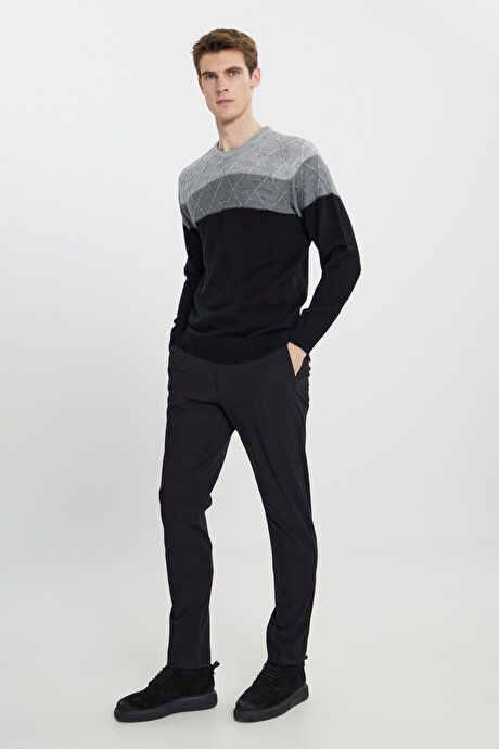 Standard Fit Regular Fit Crew-Neck Colorblock Patterned Grey-Black Sweater 4A4923100203GSY