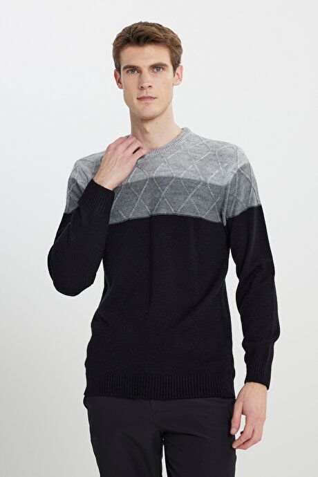 Standard Fit Regular Fit Crew-Neck Colorblock Patterned Grey-Black Sweater 4A4923100203GSY