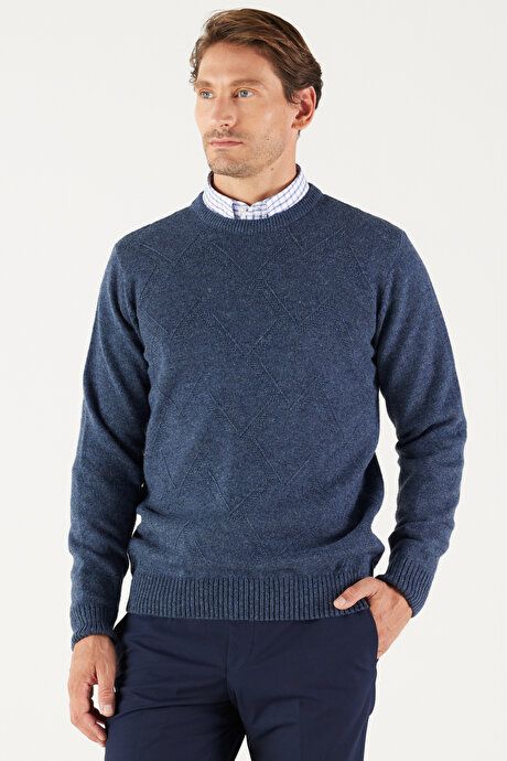 Standard Fit Regular Fit Crew-Neck Jacquard Aviator Blue Sweater 4A4923100205HVM