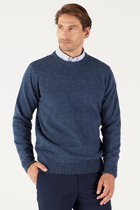 Standard Fit Regular Fit Crew-Neck Jacquard Aviator Blue Sweater 4A4923100205HVM