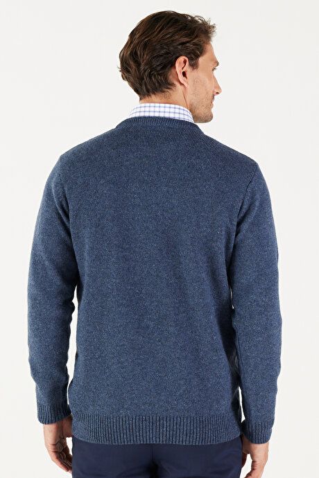 Standard Fit Regular Fit Crew-Neck Jacquard Aviator Blue Sweater 4A4923100205HVM