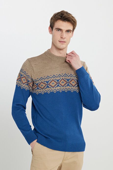 Standard Fit Regular Fit Half Turtleneck Patterned Sweater Beige-Aviator Blue Sweater 4A4923100208BHM