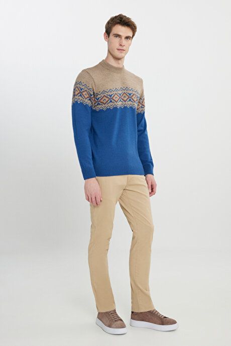 Standard Fit Regular Fit Half Turtleneck Patterned Sweater Beige-Aviator Blue Sweater 4A4923100208BHM