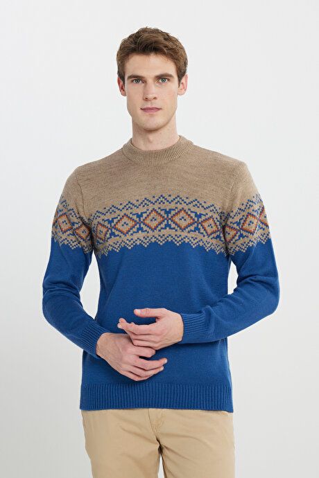 Standard Fit Regular Fit Half Turtleneck Patterned Sweater Beige-Aviator Blue Sweater 4A4923100208BHM