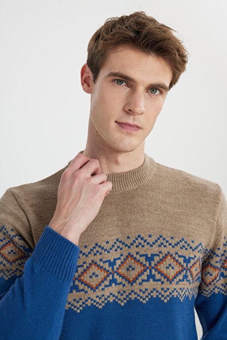 Standard Fit Regular Fit Half Turtleneck Patterned Sweater Beige-Aviator Blue Sweater 4A4923100208BHM