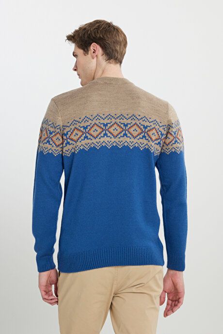 Standard Fit Regular Fit Half Turtleneck Patterned Sweater Beige-Aviator Blue Sweater 4A4923100208BHM