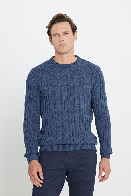 Standard Fit Regular Fit Crew-Neck Jacquard Aviator Blue Sweater 4A4923100209HVM