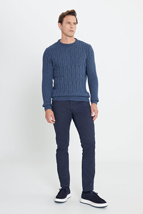 Standard Fit Regular Fit Crew-Neck Jacquard Aviator Blue Sweater 4A4923100209HVM