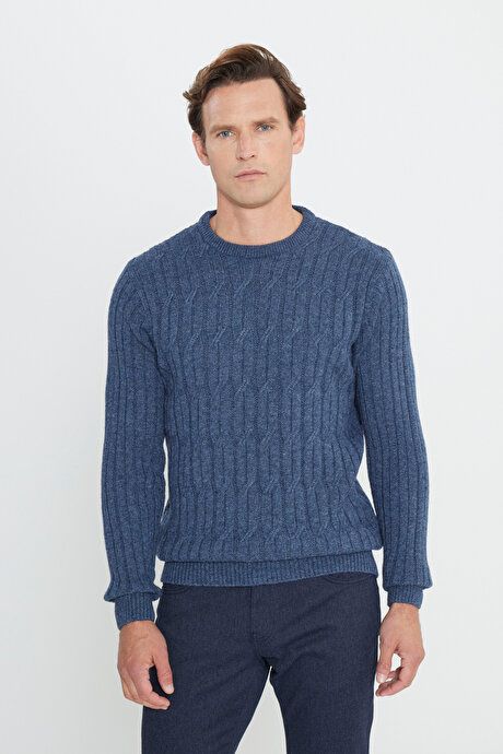 Standard Fit Regular Fit Crew-Neck Jacquard Aviator Blue Sweater 4A4923100209HVM