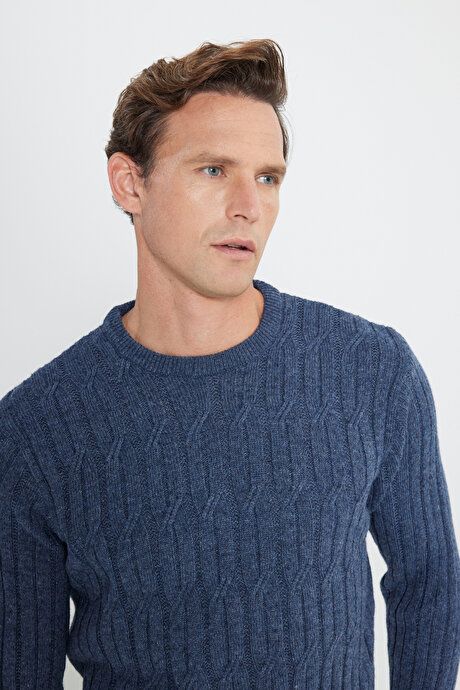 Standard Fit Regular Fit Crew-Neck Jacquard Aviator Blue Sweater 4A4923100209HVM