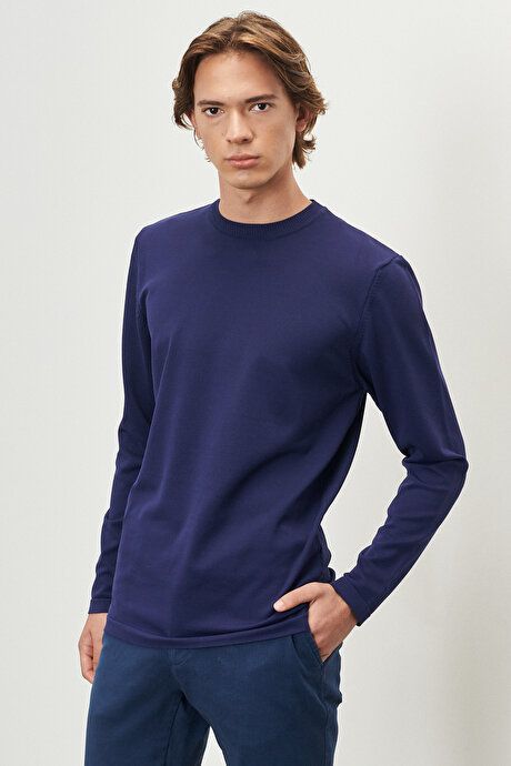 Standard Fit Regular Fit Crew-Neck Pullover Navy Blue Sweater 4A4923100506LAC