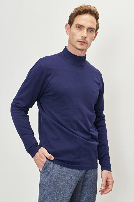 Standard Fit Regular Fit Half Turtleneck Navy Blue Sweater 4A4923100507LAC