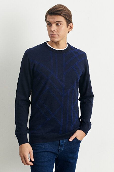 Standard Fit Crew-Neck Modern Pattern Detailed Winter Navy Blue Sweater 4A4923100513LAC