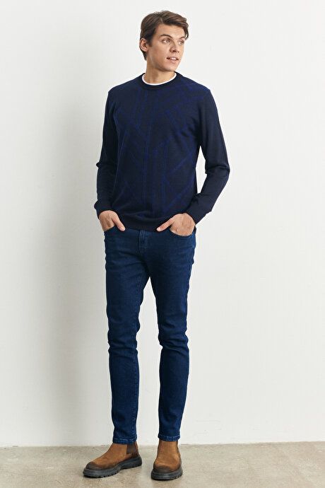 Standard Fit Crew-Neck Modern Pattern Detailed Winter Navy Blue Sweater 4A4923100513LAC