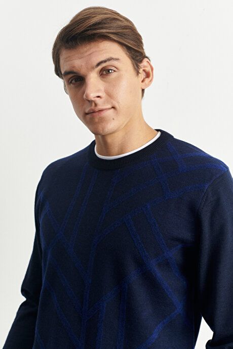 Standard Fit Crew-Neck Modern Pattern Detailed Winter Navy Blue Sweater 4A4923100513LAC