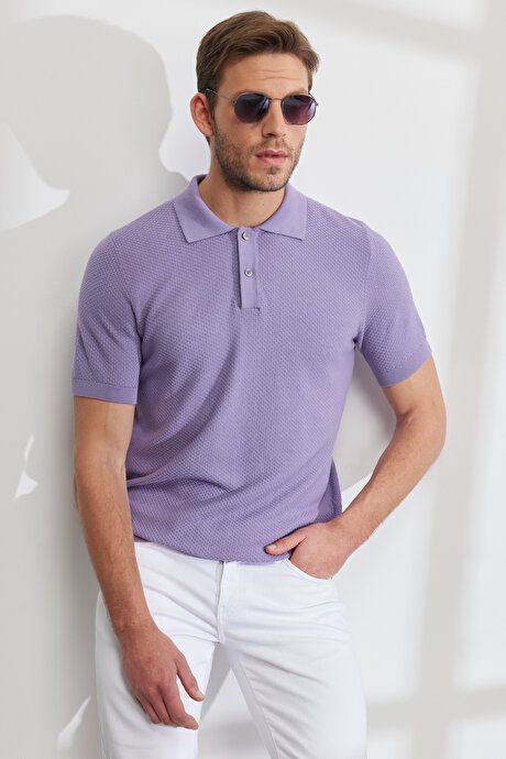 Standard Fit Regular Fit Polo Collar 100% Cotton Short Sleeve Lilac Sweater T-Shirt 4A4923200007LIL