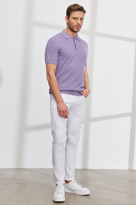 Standard Fit Regular Fit Polo Collar 100% Cotton Short Sleeve Lilac Sweater T-Shirt 4A4923200007LIL