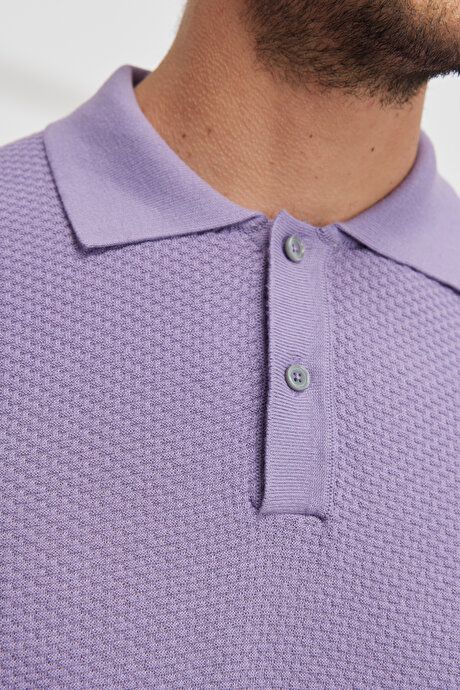 Standard Fit Regular Fit Polo Collar 100% Cotton Short Sleeve Lilac Sweater T-Shirt 4A4923200007LIL